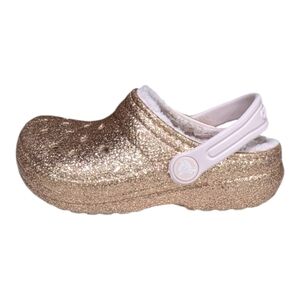 Crocs Gold Glitter Shiny Fuzzy Furry Clog Little Girls Kids Size 10